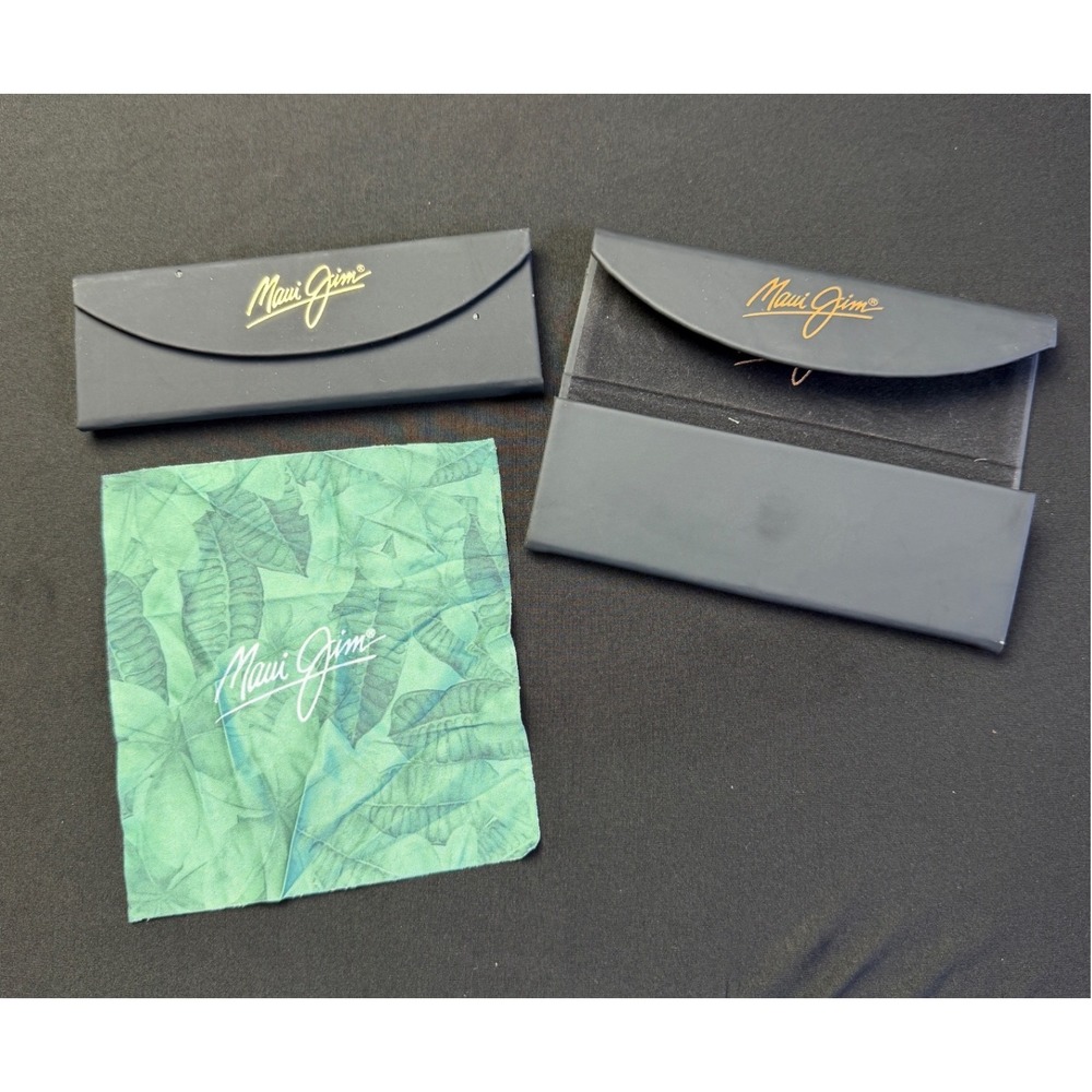 Maui Jim Sunglasses Case Set 2 Black Folding Hard Case Tropical Cleaning Cloth